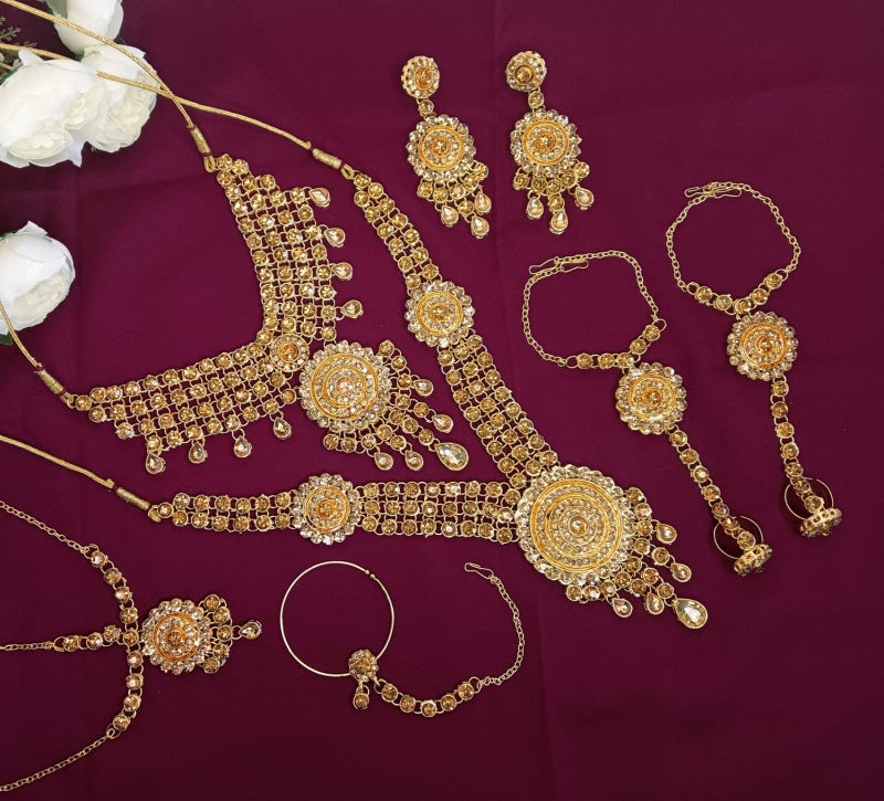 Efulgenz Indian Bridal Jewelry Indian Wedding Jewelry Sets for Women Bridal Bollywood Rhinestone Necklace Earrings Maang Tikka Head Chain Nose Ring Bracelet Jewelry Set - Image 2